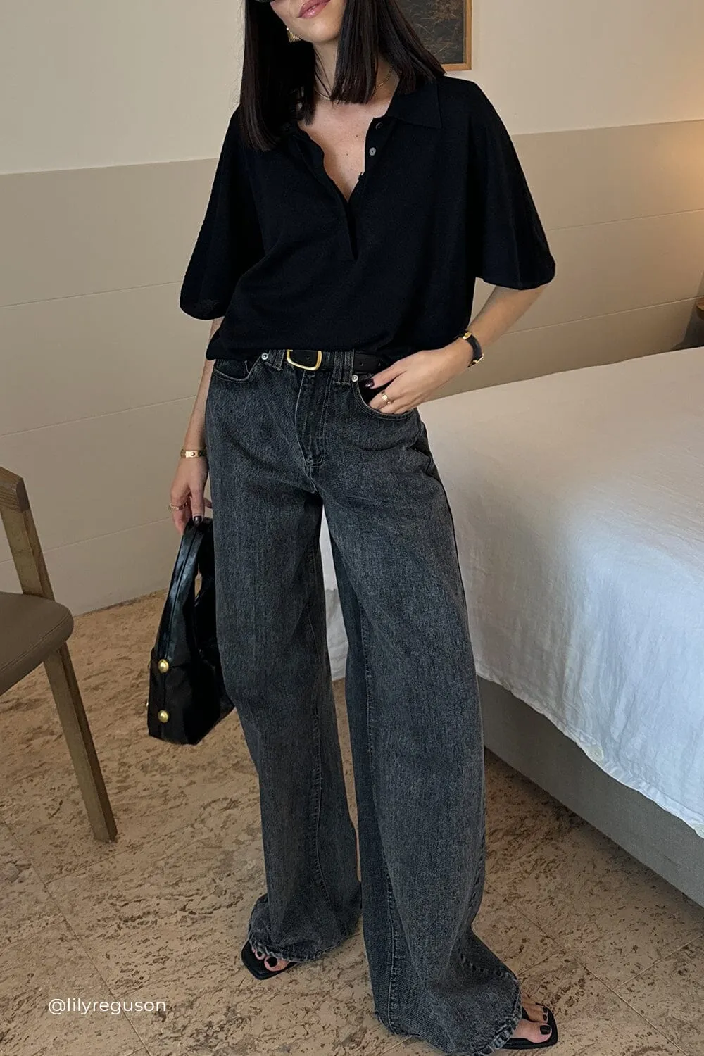 ELI BLACK POLO KNIT TOP