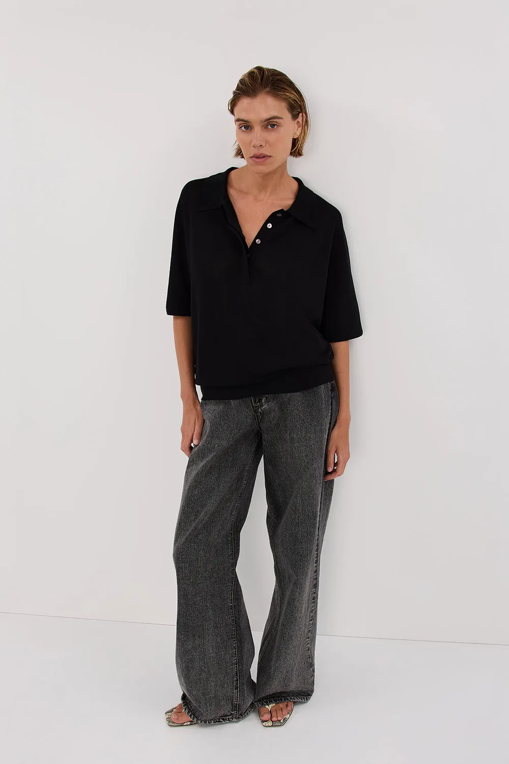 ELI BLACK POLO KNIT TOP