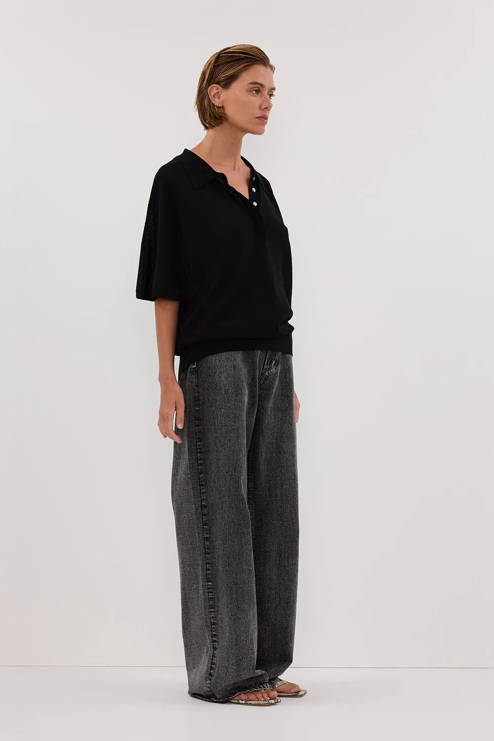 ELI BLACK POLO KNIT TOP