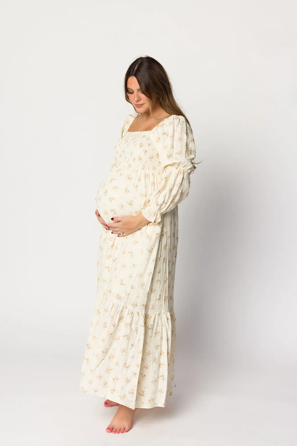 Emerson Smocked Gauze Maxi Dress with Long Sleeves in Natural - Bump Friendly