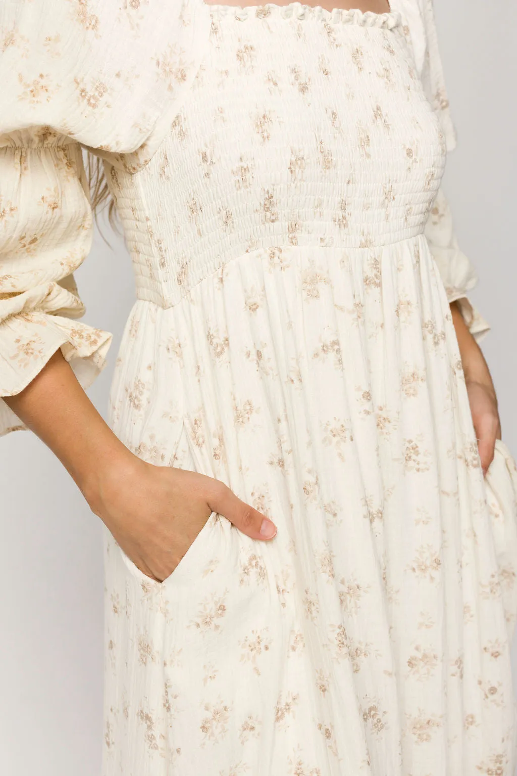 Emerson Smocked Gauze Maxi Dress with Long Sleeves in Natural - Bump Friendly
