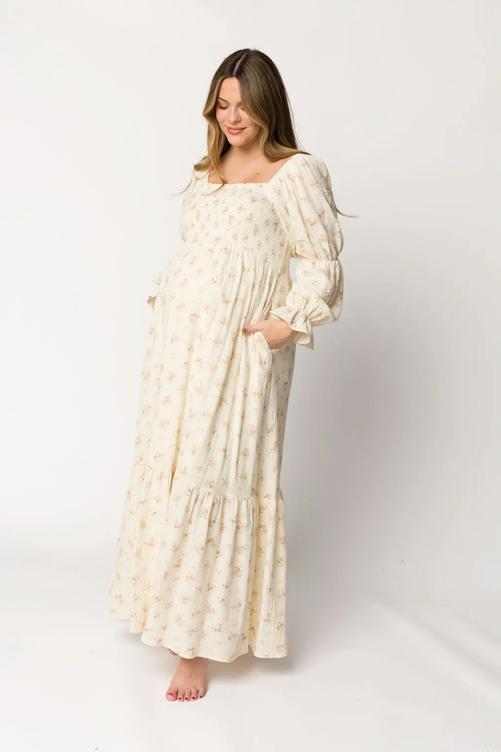 Emerson Smocked Gauze Maxi Dress with Long Sleeves in Natural - Bump Friendly