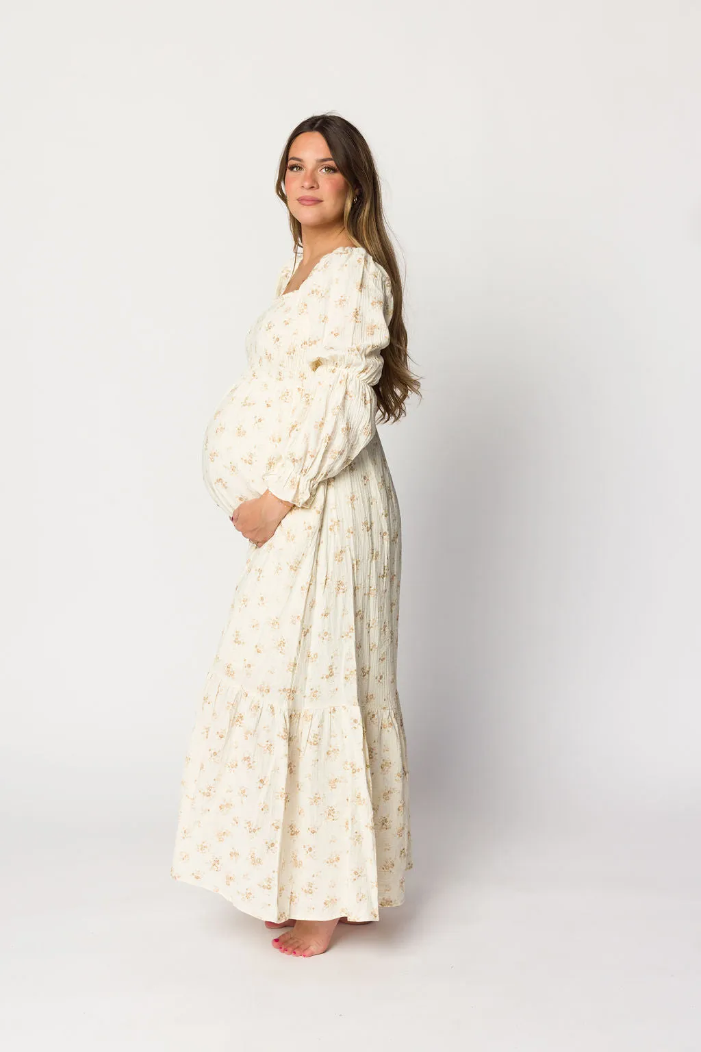 Emerson Smocked Gauze Maxi Dress with Long Sleeves in Natural - Bump Friendly
