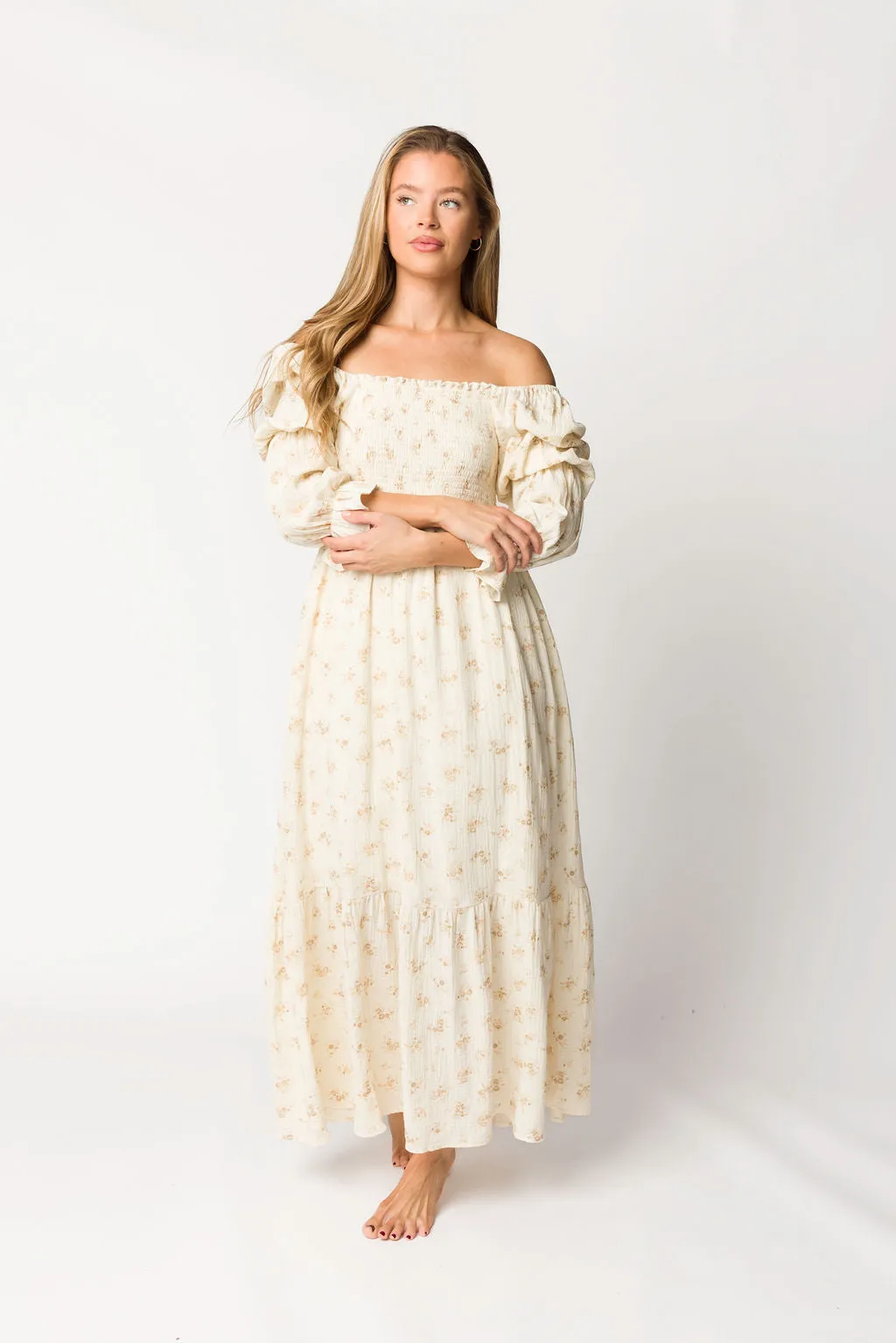 Emerson Smocked Gauze Maxi Dress with Long Sleeves in Natural - Bump Friendly