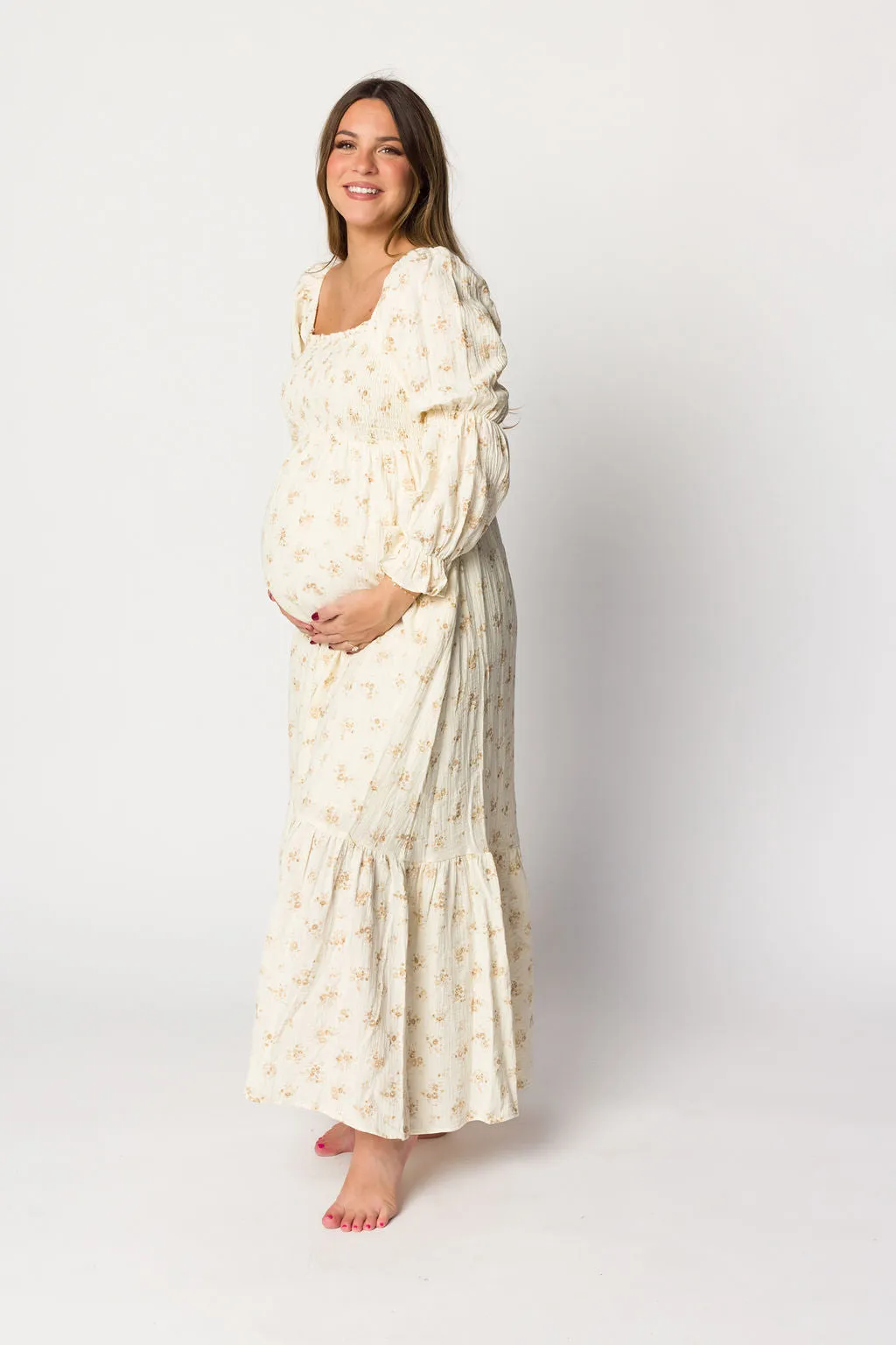 Emerson Smocked Gauze Maxi Dress with Long Sleeves in Natural - Bump Friendly