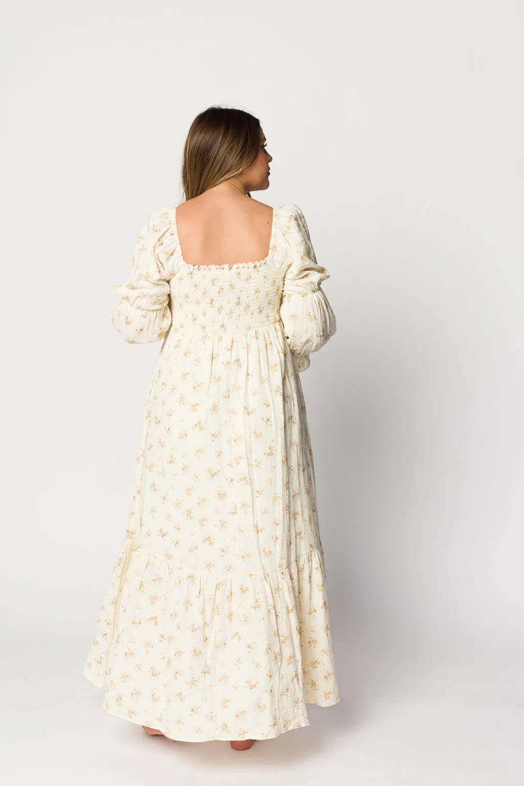 Emerson Smocked Gauze Maxi Dress with Long Sleeves in Natural - Bump Friendly