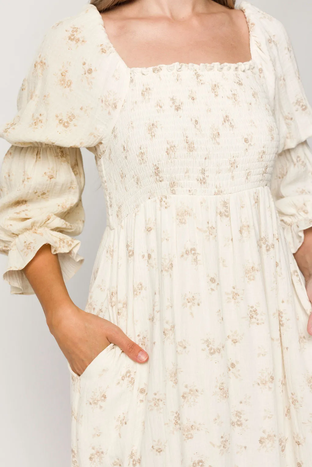 Emerson Smocked Gauze Maxi Dress with Long Sleeves in Natural - Bump Friendly