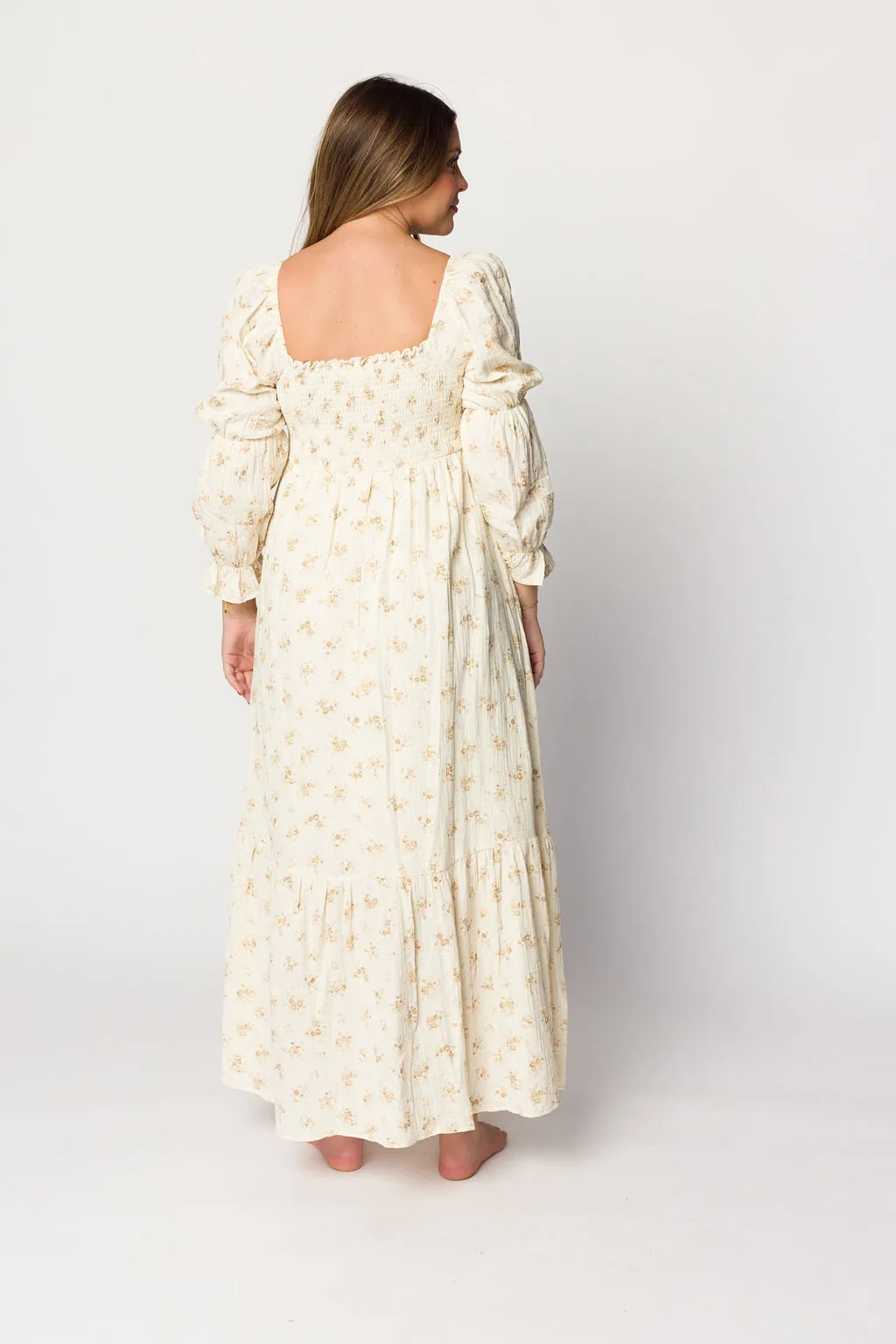 Emerson Smocked Gauze Maxi Dress with Long Sleeves in Natural - Bump Friendly