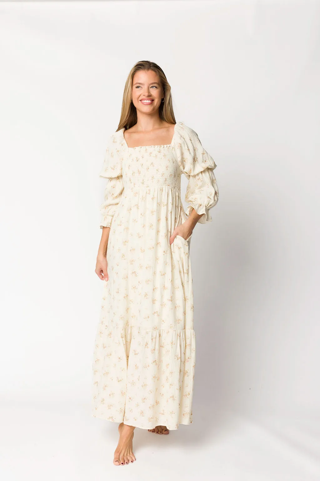 Emerson Smocked Gauze Maxi Dress with Long Sleeves in Natural - Bump Friendly