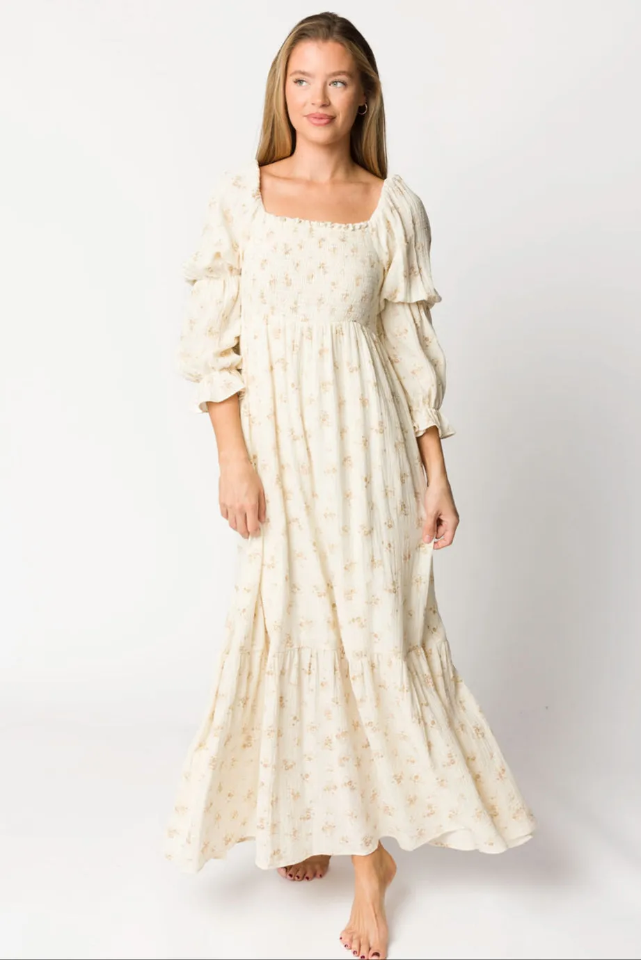 Emerson Smocked Gauze Maxi Dress with Long Sleeves in Natural - Bump Friendly