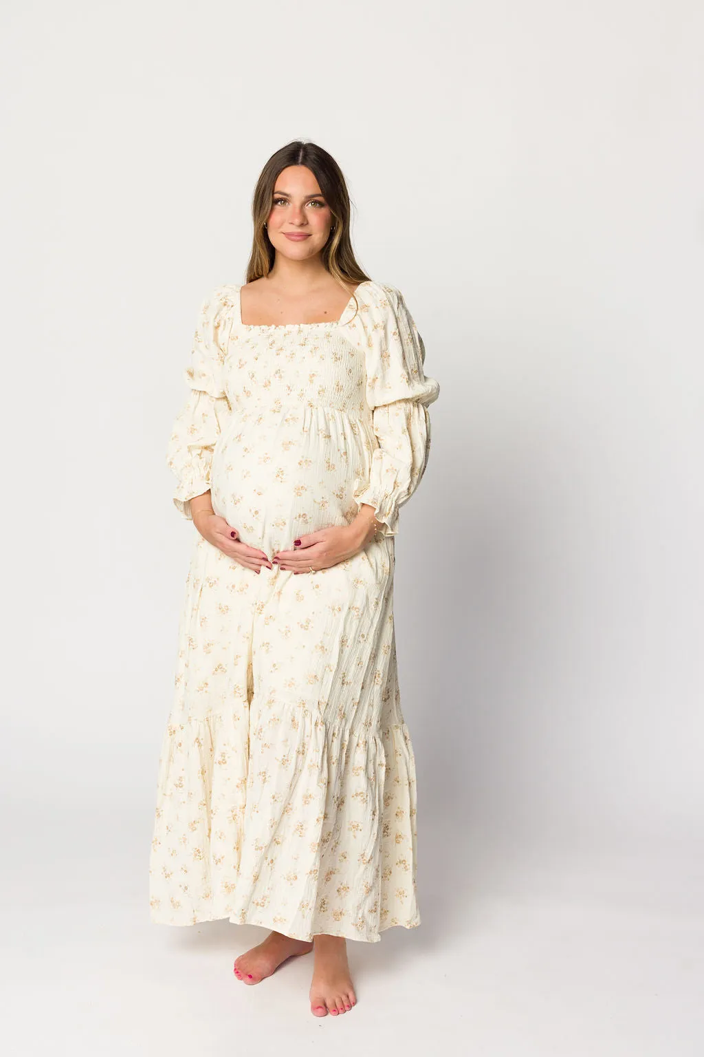 Emerson Smocked Gauze Maxi Dress with Long Sleeves in Natural - Bump Friendly