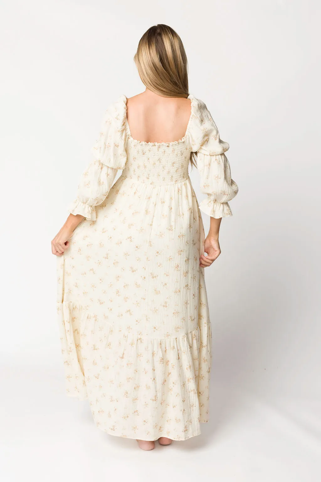 Emerson Smocked Gauze Maxi Dress with Long Sleeves in Natural - Bump Friendly