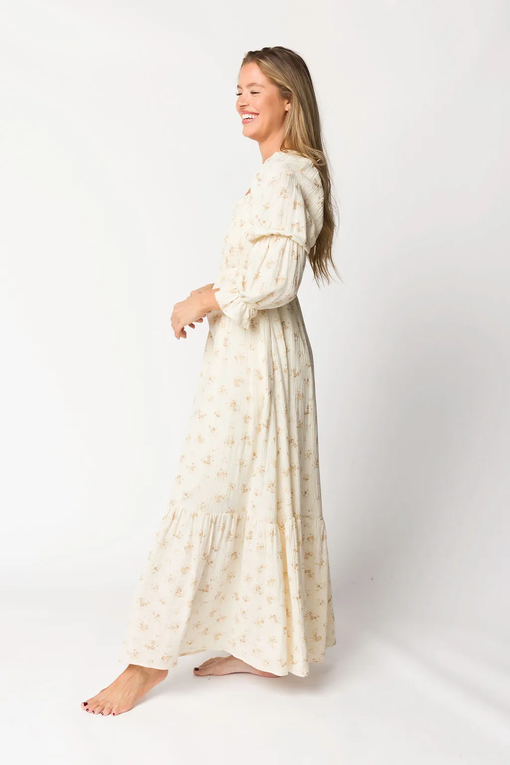 Emerson Smocked Gauze Maxi Dress with Long Sleeves in Natural - Bump Friendly