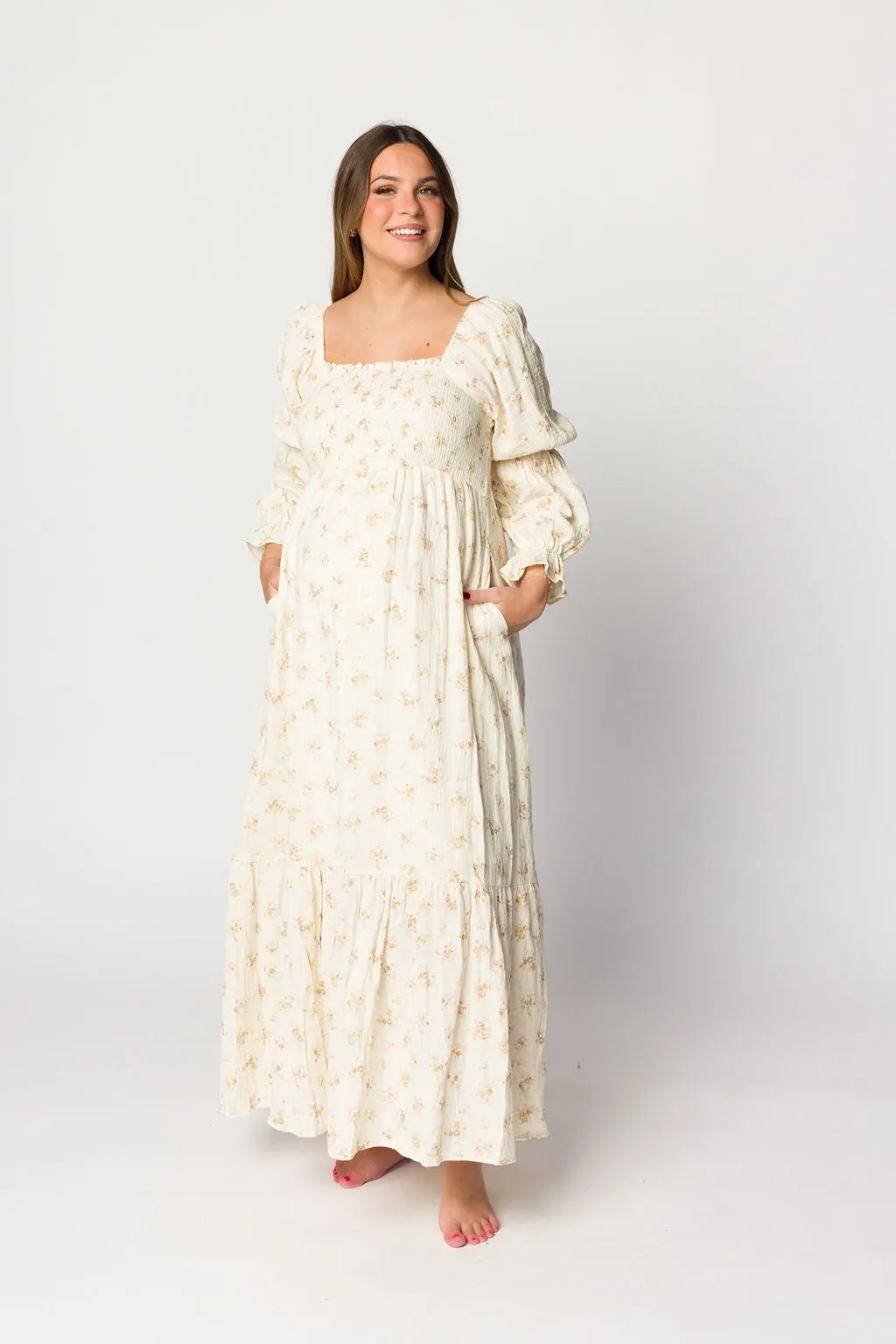 Emerson Smocked Gauze Maxi Dress with Long Sleeves in Natural - Bump Friendly