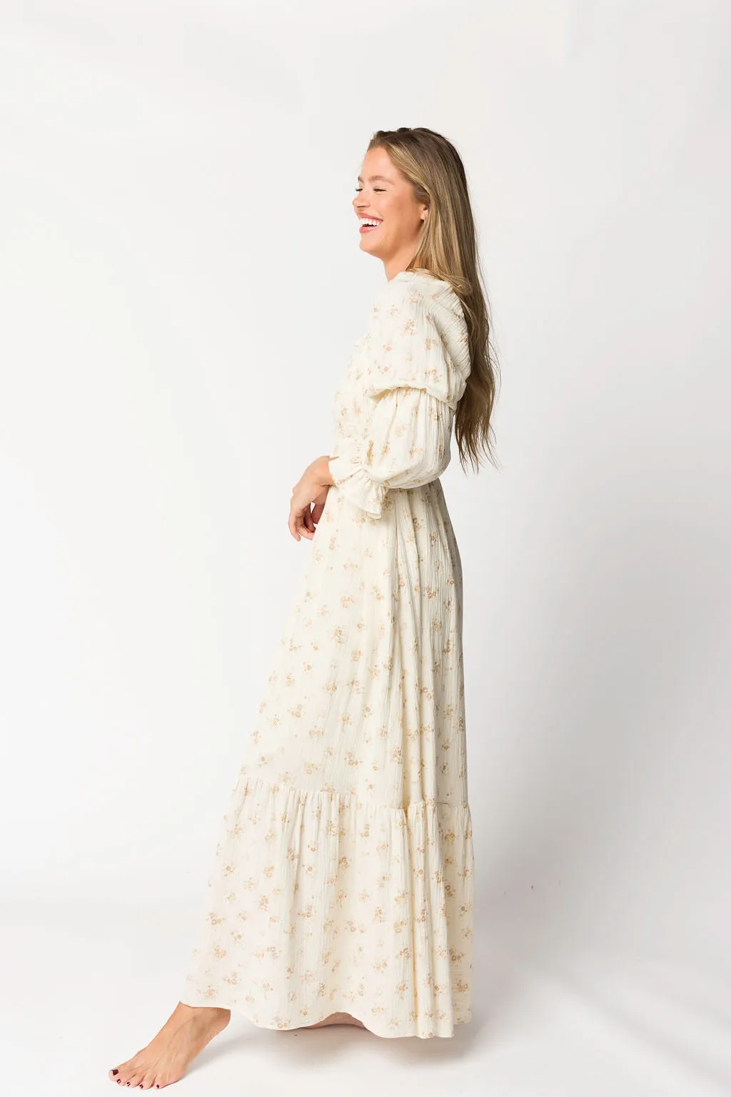 Emerson Smocked Gauze Maxi Dress with Long Sleeves in Natural - Bump Friendly
