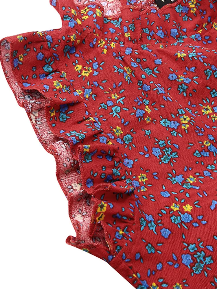Floral Print Ruffles Trim Stand Collar Sleeveless Vintage Women Midi Dress