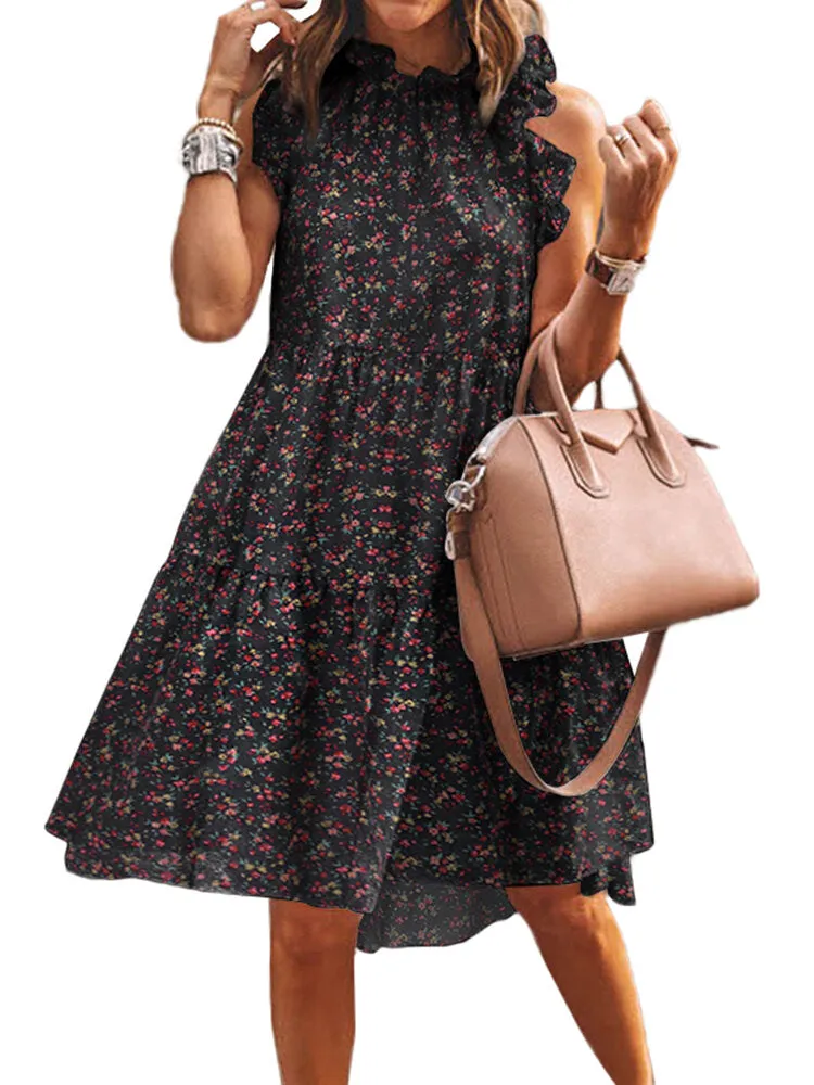 Floral Print Ruffles Trim Stand Collar Sleeveless Vintage Women Midi Dress