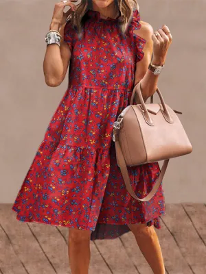 Floral Print Ruffles Trim Stand Collar Sleeveless Vintage Women Midi Dress