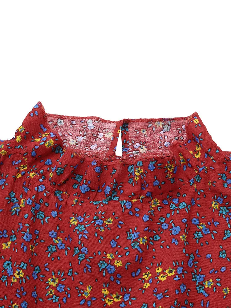 Floral Print Ruffles Trim Stand Collar Sleeveless Vintage Women Midi Dress