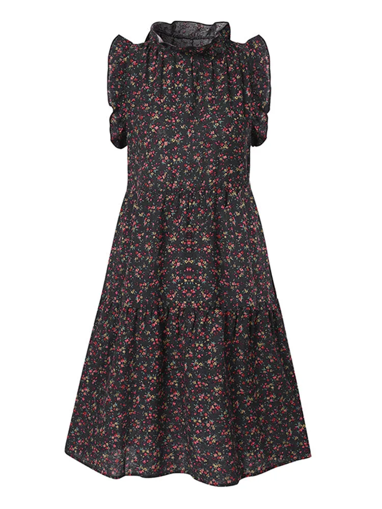 Floral Print Ruffles Trim Stand Collar Sleeveless Vintage Women Midi Dress