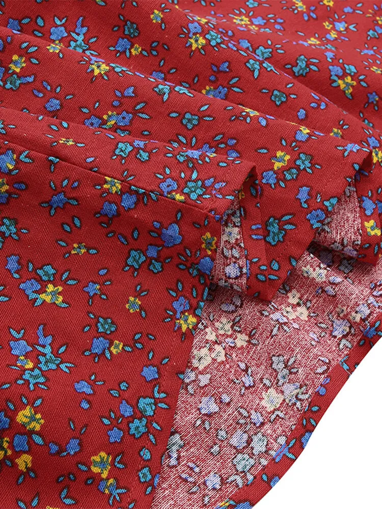 Floral Print Ruffles Trim Stand Collar Sleeveless Vintage Women Midi Dress