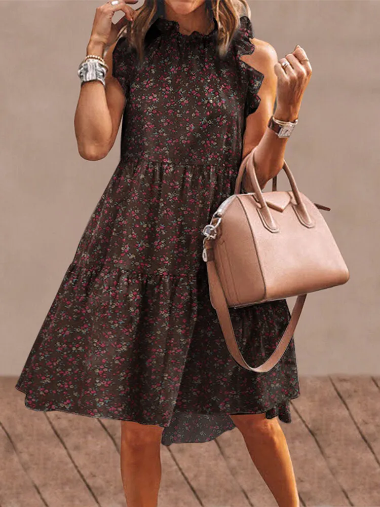 Floral Print Ruffles Trim Stand Collar Sleeveless Vintage Women Midi Dress