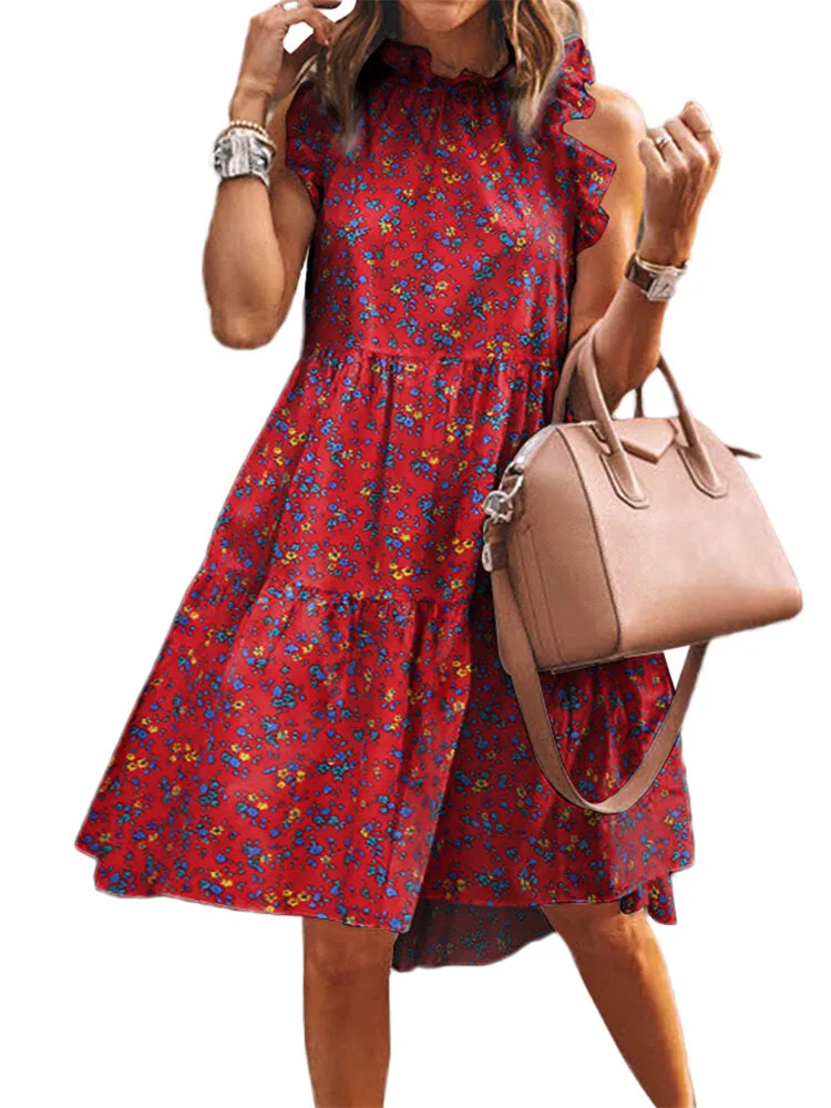 Floral Print Ruffles Trim Stand Collar Sleeveless Vintage Women Midi Dress