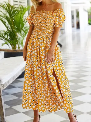 Floral Print Short Sleeve Slit Hem Women Midi Dress