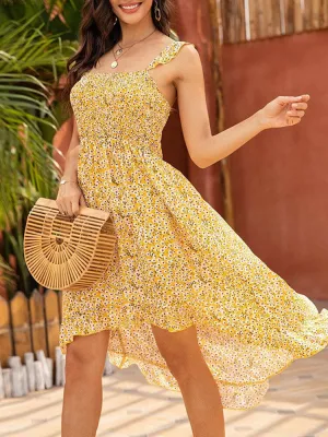 Floral Print Sleeveless Backless Ruffles Irregular Hem Holiday Women Midi Dress