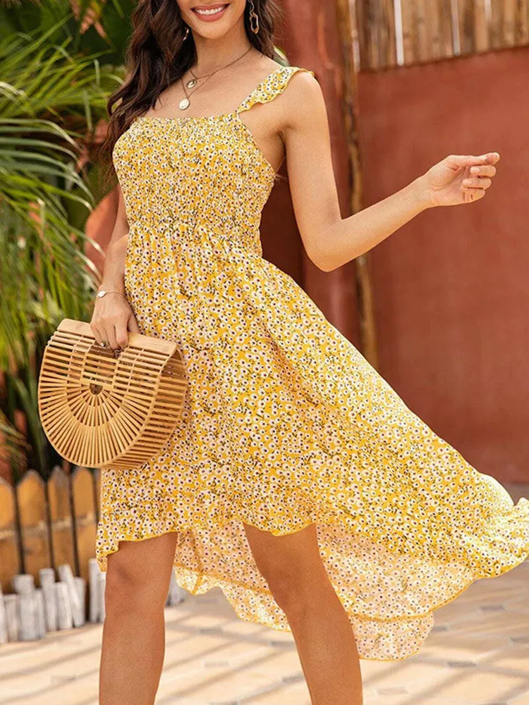 Floral Print Sleeveless Backless Ruffles Irregular Hem Holiday Women Midi Dress