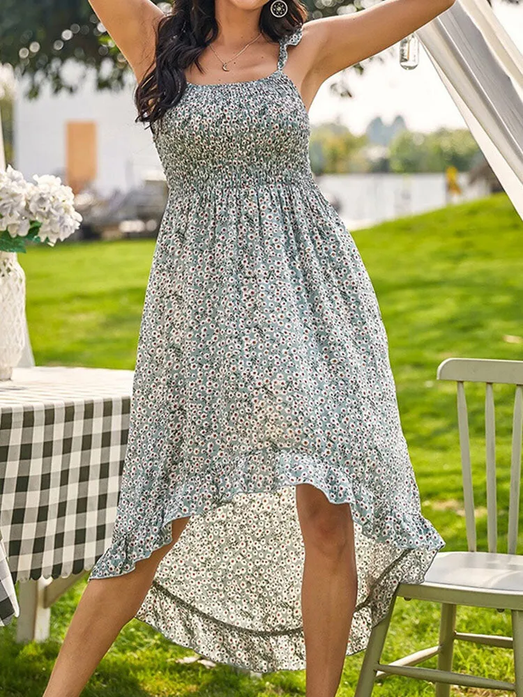 Floral Print Sleeveless Backless Ruffles Irregular Hem Holiday Women Midi Dress