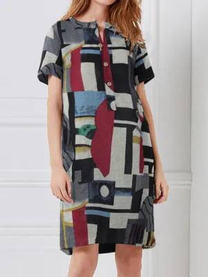 Geometry Print Short Sleeve Vintage Pockets Women Midi Dress