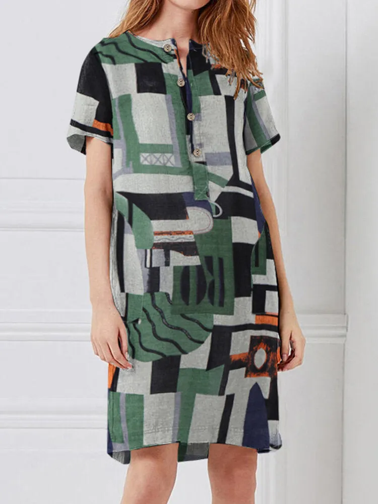 Geometry Print Short Sleeve Vintage Pockets Women Midi Dress