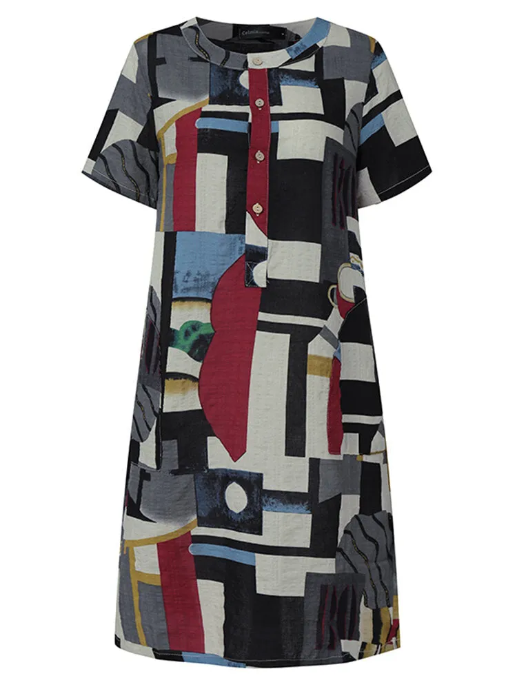 Geometry Print Short Sleeve Vintage Pockets Women Midi Dress