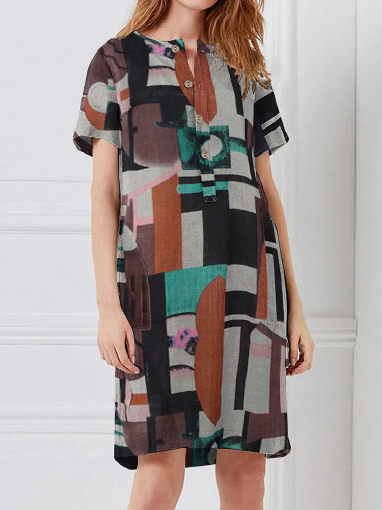 Geometry Print Short Sleeve Vintage Pockets Women Midi Dress