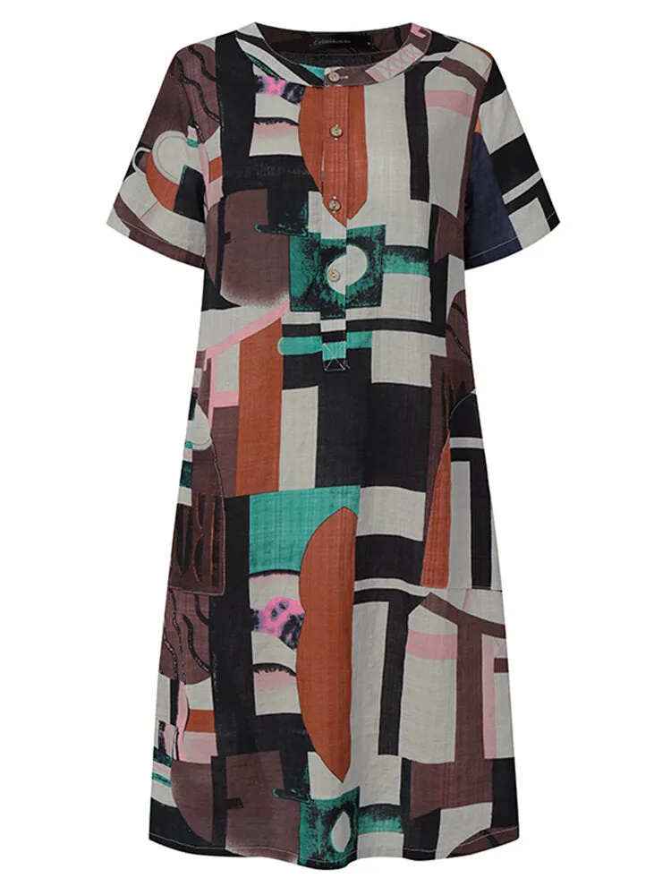Geometry Print Short Sleeve Vintage Pockets Women Midi Dress