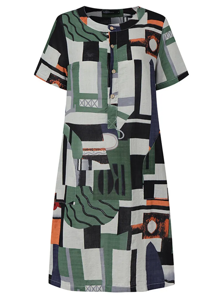 Geometry Print Short Sleeve Vintage Pockets Women Midi Dress