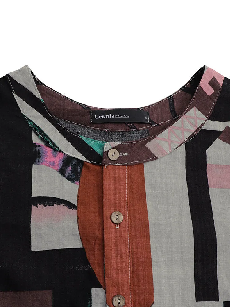 Geometry Print Short Sleeve Vintage Pockets Women Midi Dress