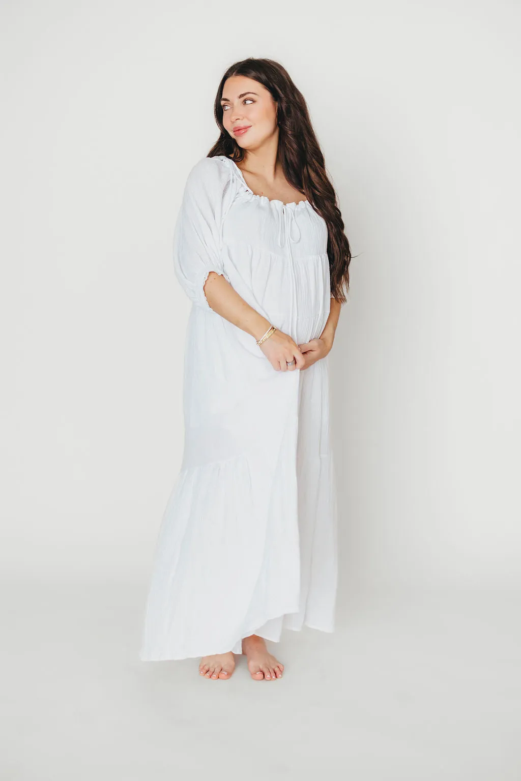 Goddess 100% Cotton Babydoll Maxi Dress in White - Bump Friendly