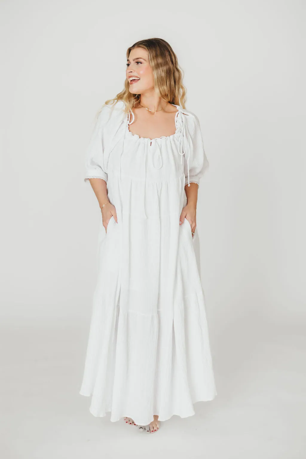 Goddess 100% Cotton Babydoll Maxi Dress in White - Bump Friendly