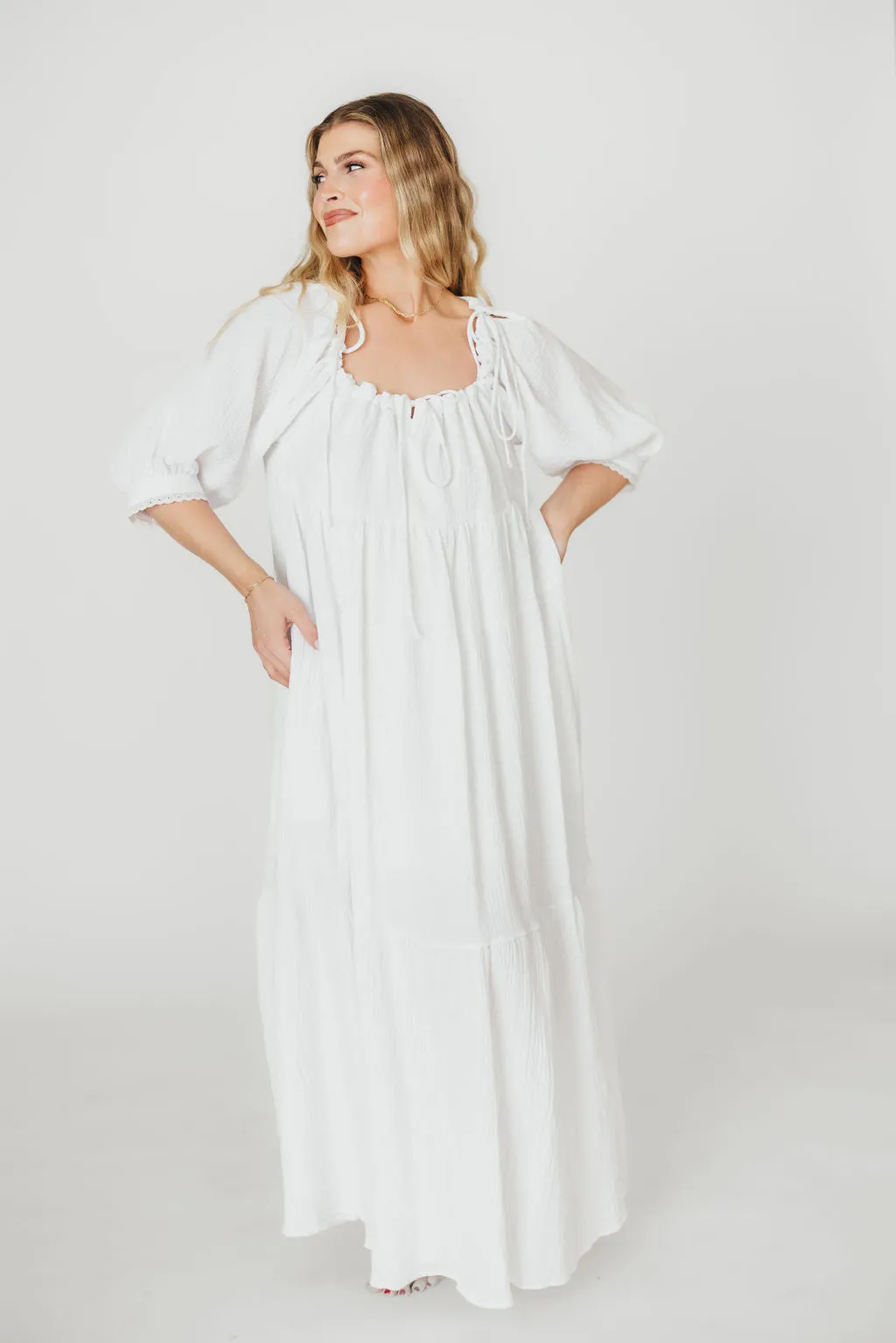 Goddess 100% Cotton Babydoll Maxi Dress in White - Bump Friendly