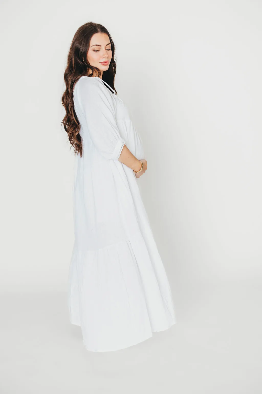 Goddess 100% Cotton Babydoll Maxi Dress in White - Bump Friendly