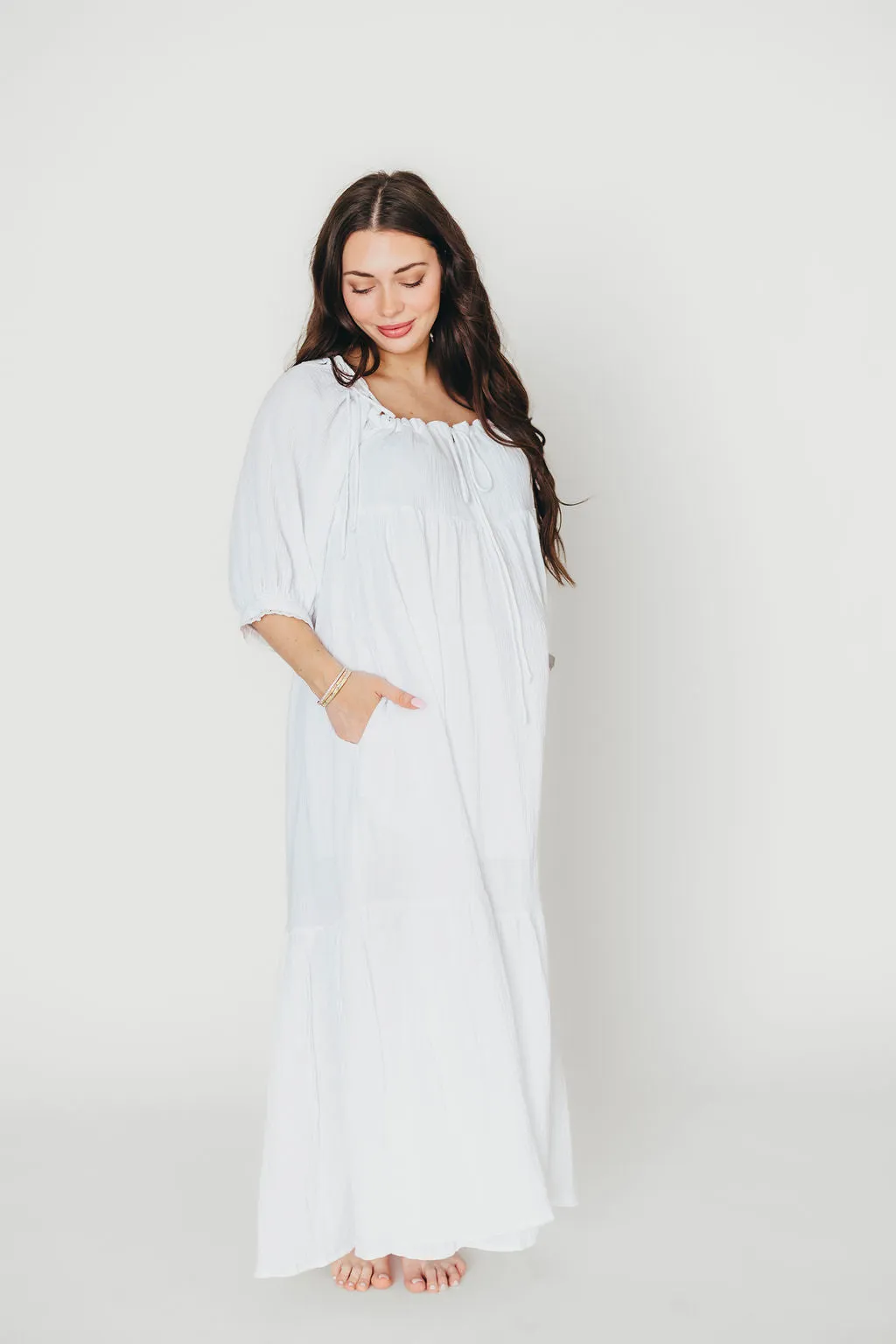Goddess 100% Cotton Babydoll Maxi Dress in White - Bump Friendly