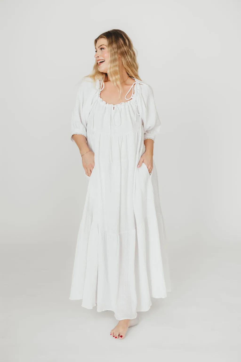 Goddess 100% Cotton Babydoll Maxi Dress in White - Bump Friendly