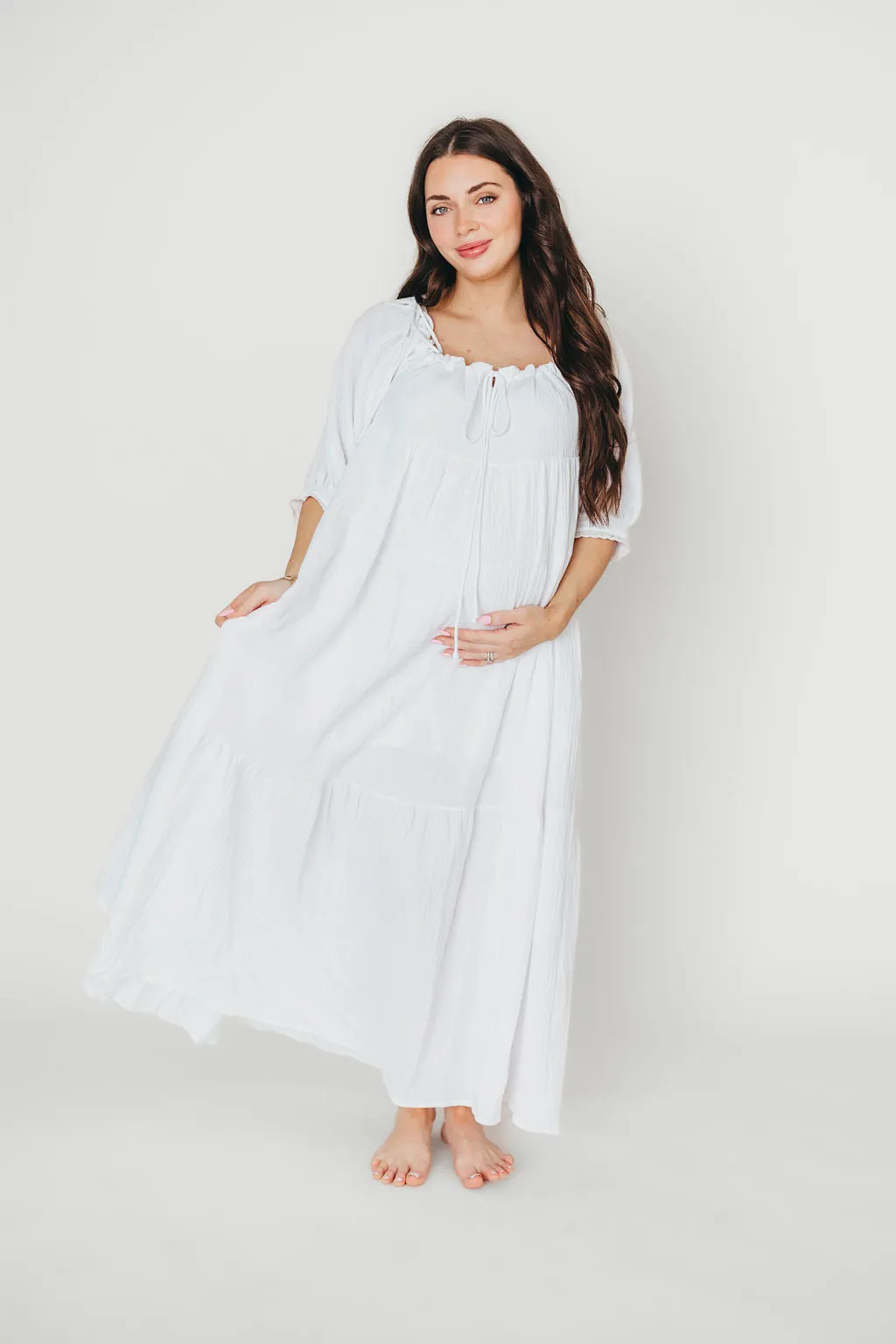 Goddess 100% Cotton Babydoll Maxi Dress in White - Bump Friendly