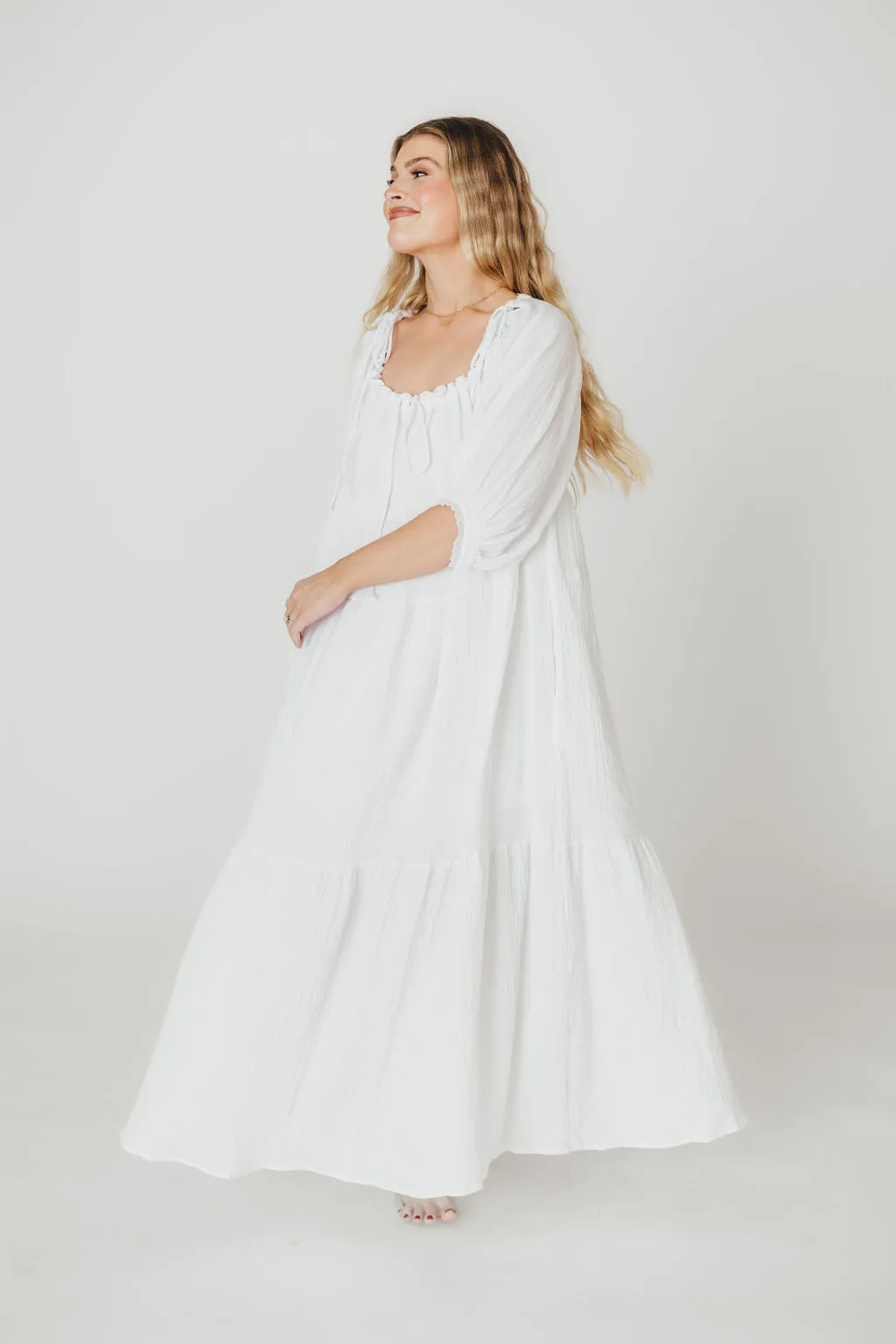 Goddess 100% Cotton Babydoll Maxi Dress in White - Bump Friendly