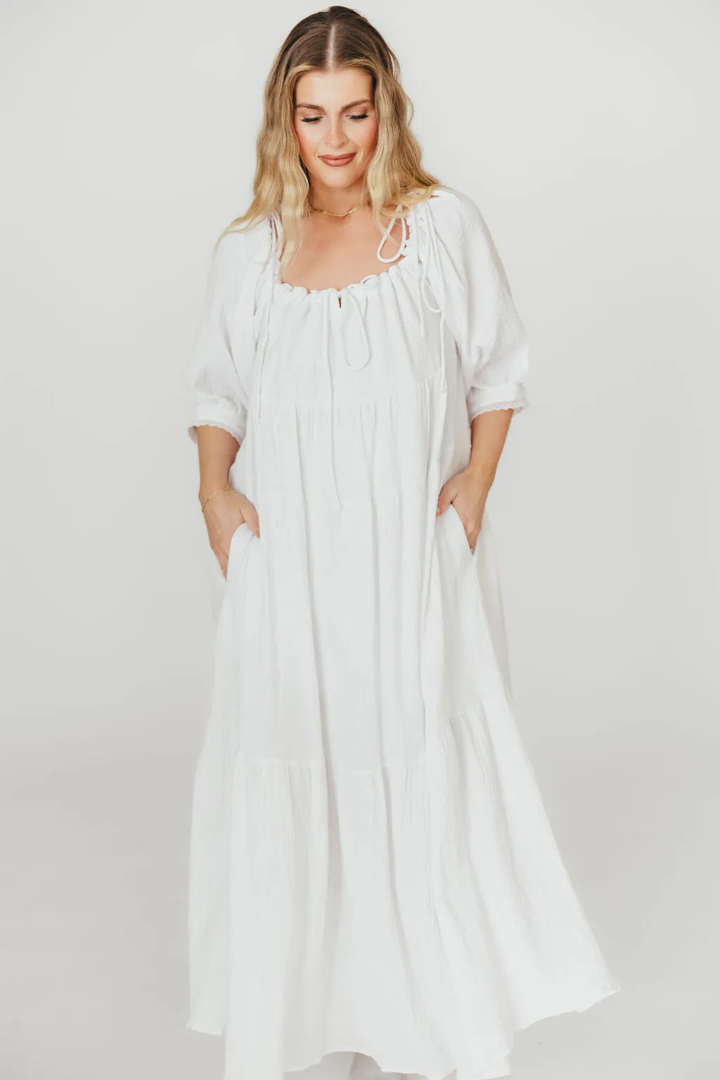 Goddess 100% Cotton Babydoll Maxi Dress in White - Bump Friendly