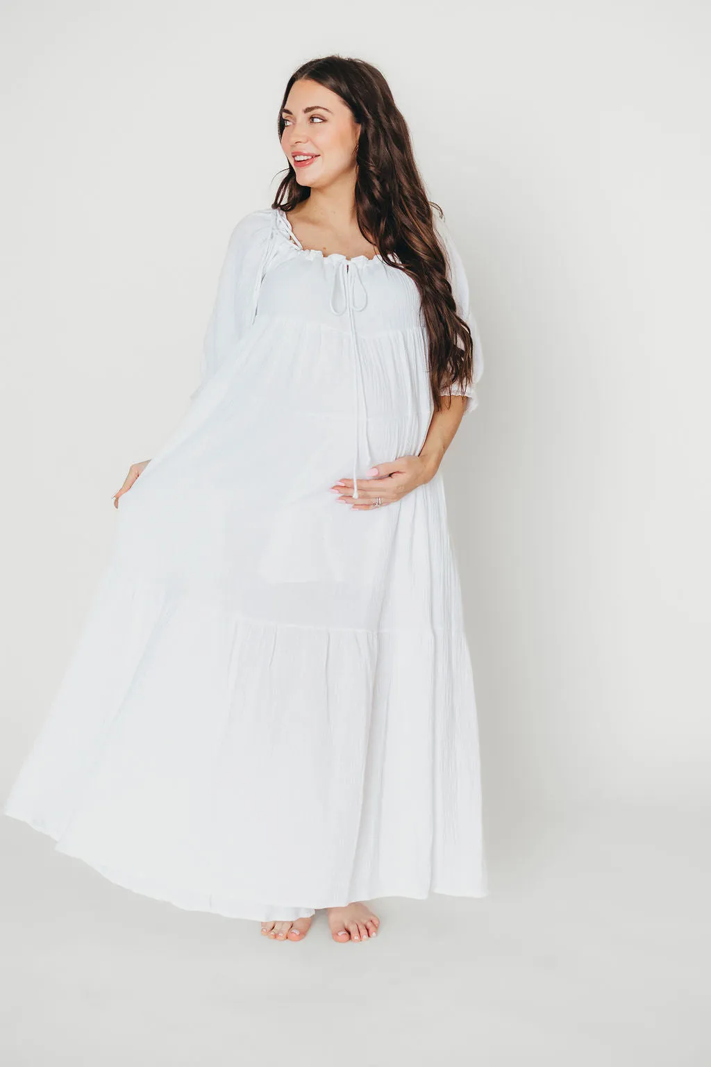 Goddess 100% Cotton Babydoll Maxi Dress in White - Bump Friendly