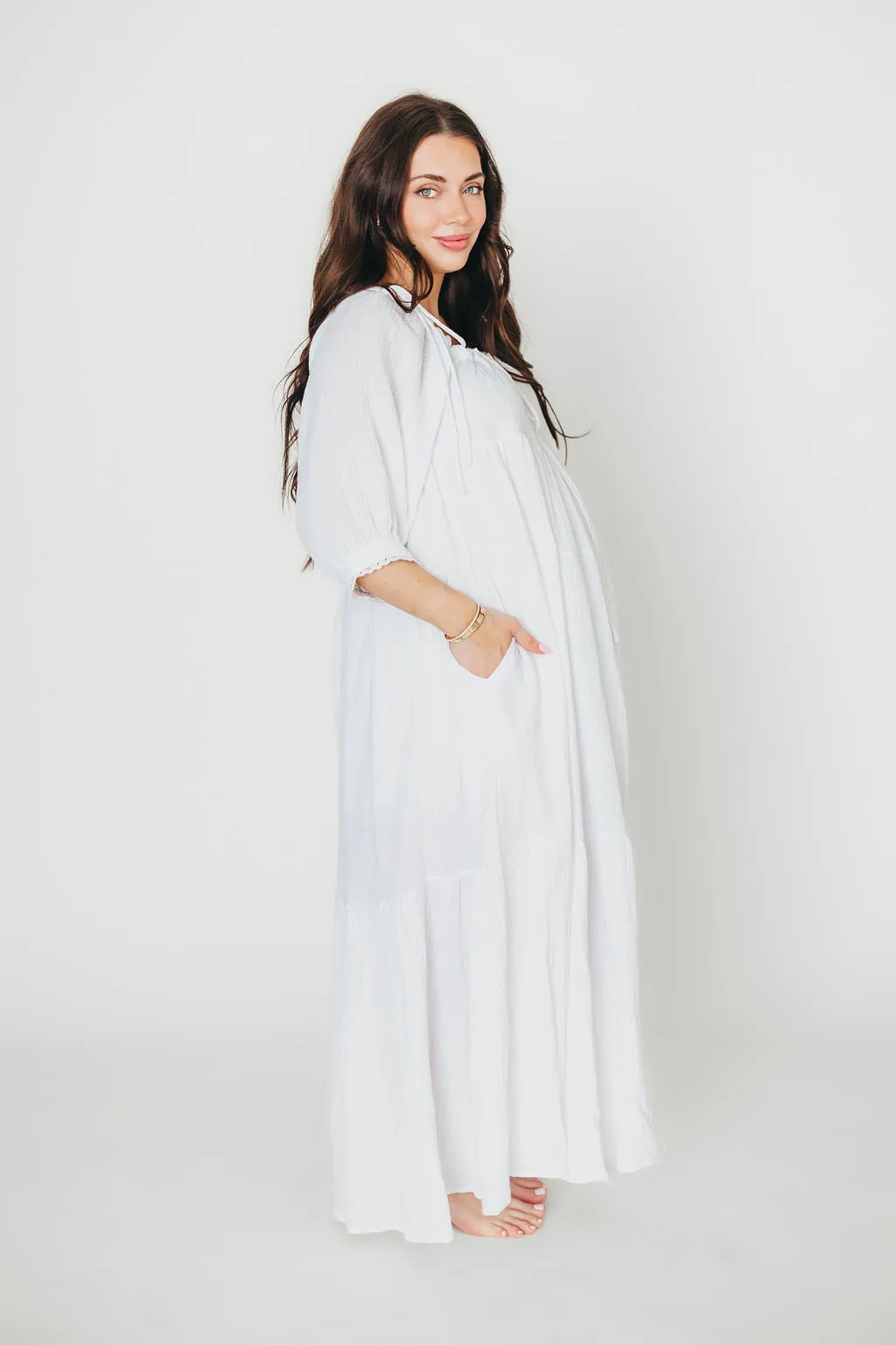 Goddess 100% Cotton Babydoll Maxi Dress in White - Bump Friendly