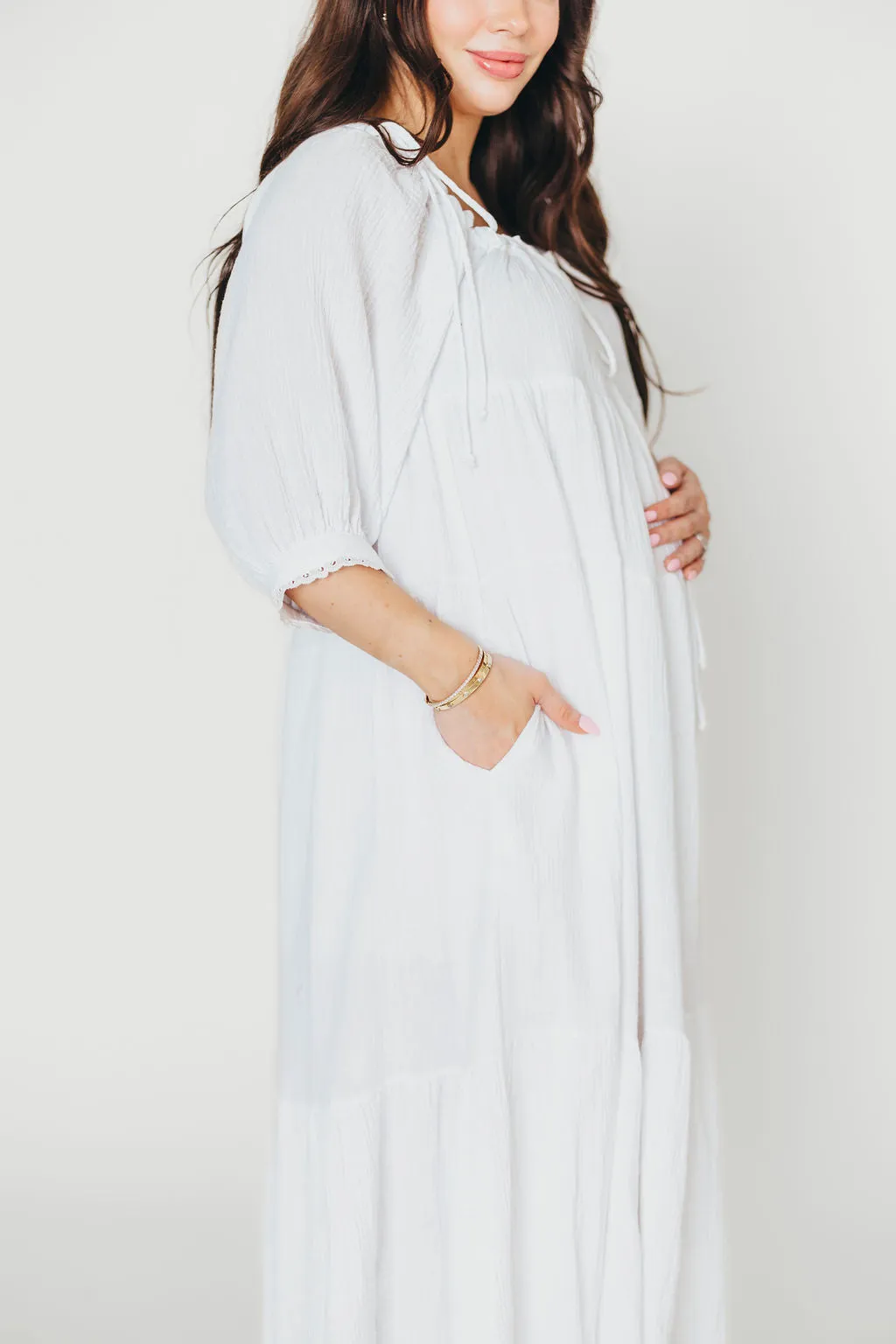 Goddess 100% Cotton Babydoll Maxi Dress in White - Bump Friendly